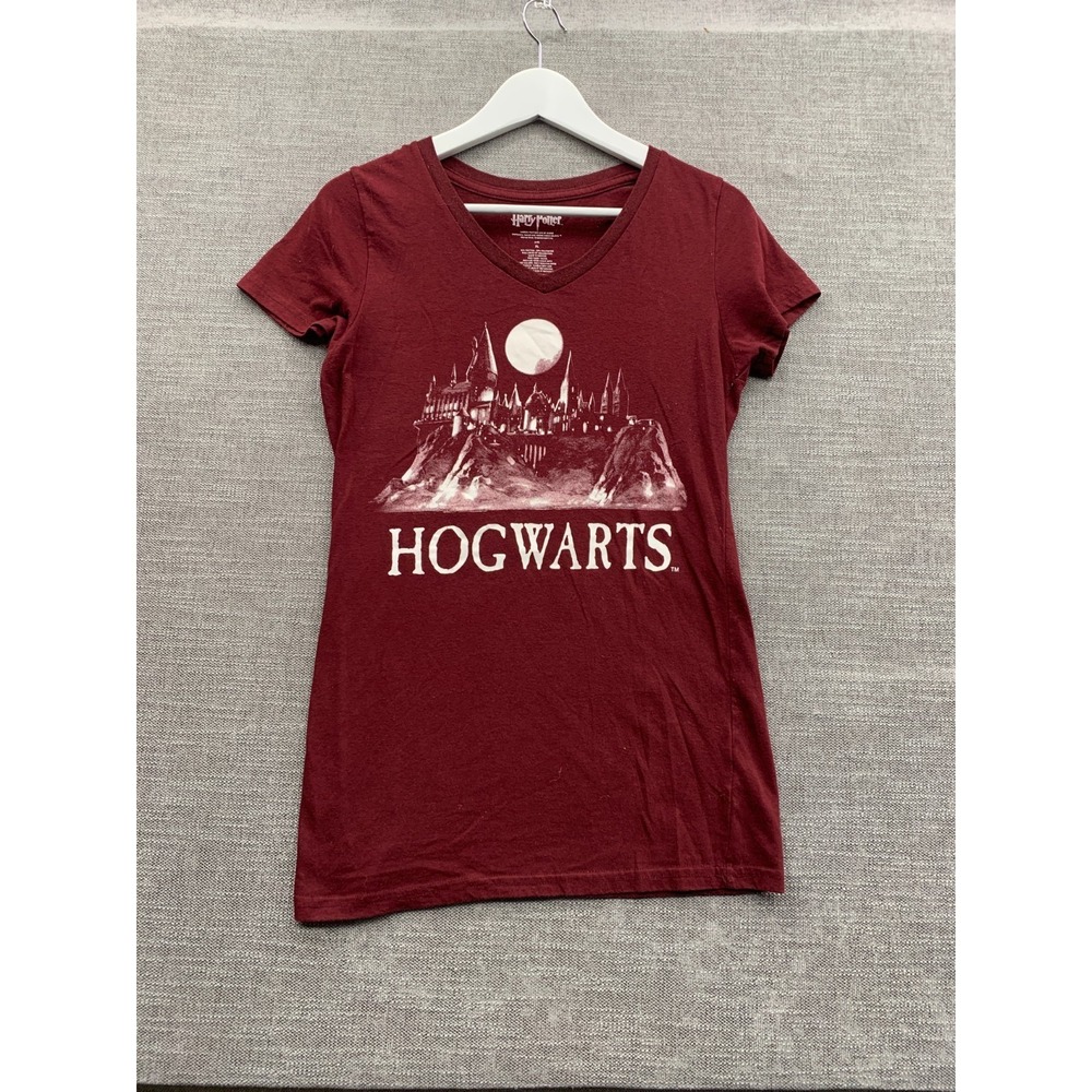 Warner Bros Harry Potter Hogwarts T-Shirt Womens XL Maroon Graphic Cotton V-Neck